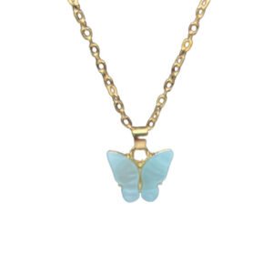 gold chain with light blue acrylic butterfly