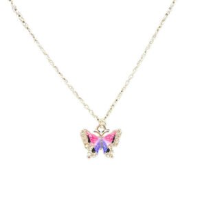 Silver necklace with Sparking Rhinestonenecklace with purple and pink butterfly and diamond accents