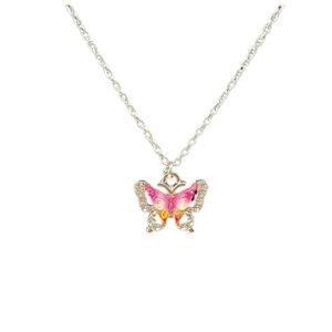 silver necklace with Sparking Rhinestoneorange  and pink butterfly and diamond accents