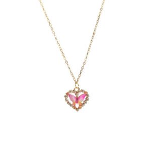 Gold necklace with Sparking Rhinestone pink and orange butterfly within diamond shaped heart
