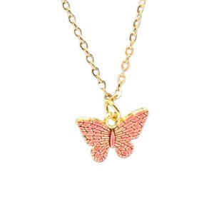 Gold necklace with pink butterfly
