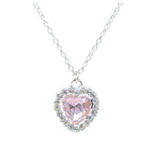 Silver chain with Glass pendant and Rhinestone heart charm  light pink