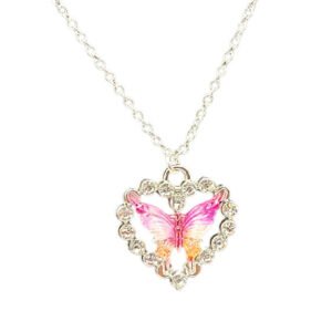 silver necklace with pink and orange butterfly in diamond heart