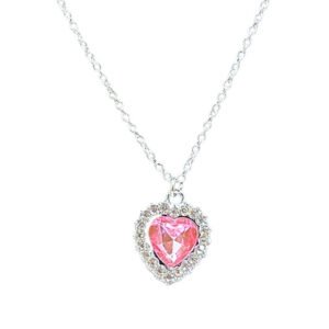 Silver chain with Glass pendant and Rhinestone heart charm  pink