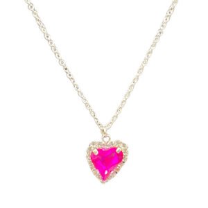 Silver chain with Glass pendant and Rhinestone heart charm hotpink