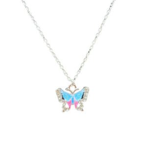 Silver necklace with Sparking Rhinestone blue and pink butterfly accents