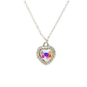 Silver chain with Glass pendant and Rhinestone heart charm iridiscent