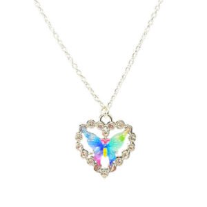 Silver necklace with Sparking Rhinestone multicolor butterfly in diamond shaped heart