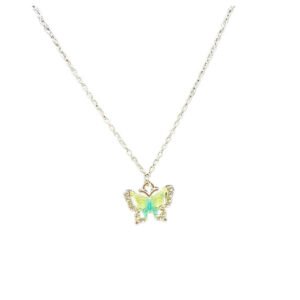 Silver necklace with Sparking Rhinestone with yellow and green butterfly with diamond accents