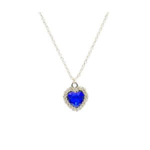 Silver chain with Glass pendant and Rhinestone heart charm Royal blue