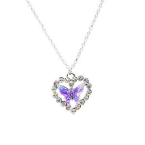 Silver necklace with Sparking Rhinestonenecklace with purple and blue butterfly in heart shapked diamond